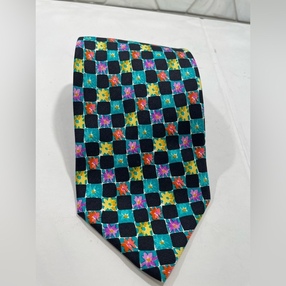 Versus Gianni Versace Silk Colorful Floral Tie Made In Italy Teal Black Squares - Picture 5 of 5
